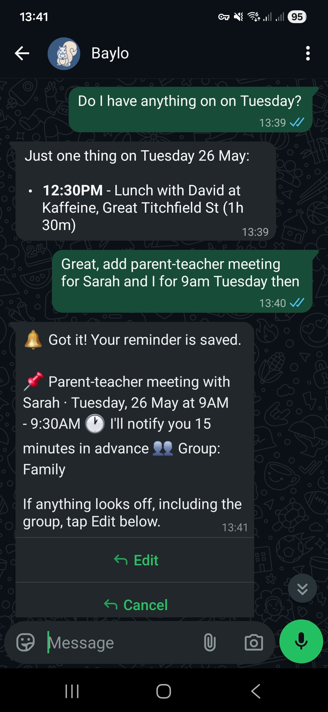 Baylo AI creartes reminders in WhatsApp