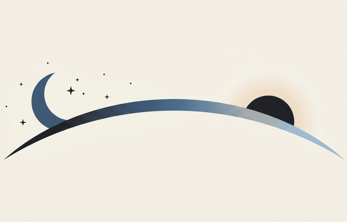 Illustration of a gentle arc curving from a crescent moon and night sky on the left to a soft sunrise on the right, in warm cream, slate blue and dark ink tones